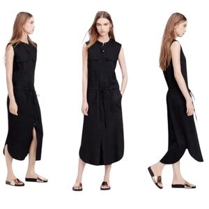 VINCE Sleeveless Black Linen Maxi Dress Mandarin Collar Pockets Medium J10